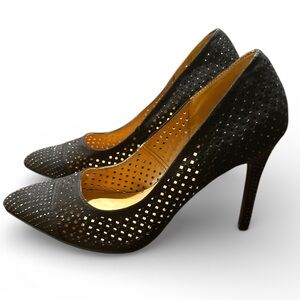 Report Jackee Black High Heels Womens 7 Pointed Toe D’Orsay Pumps Laser Cut